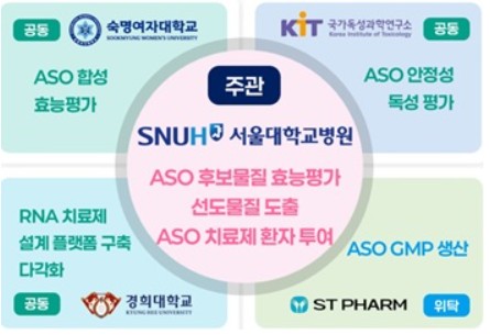 서울대학교병원 주관 숙명여대, 국가독성과학연구소, 경희대, 에스티팜 ASO 치료제 개발 협력 인포그래픽