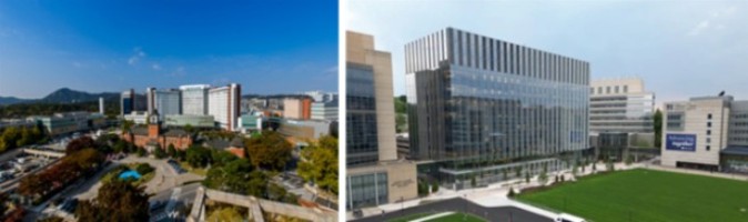 서울대학교병원 전경(왼쪽)과 미국 매사추세츠대 찬 의과대학 캠퍼스 건물 외관(오른쪽) 비교
